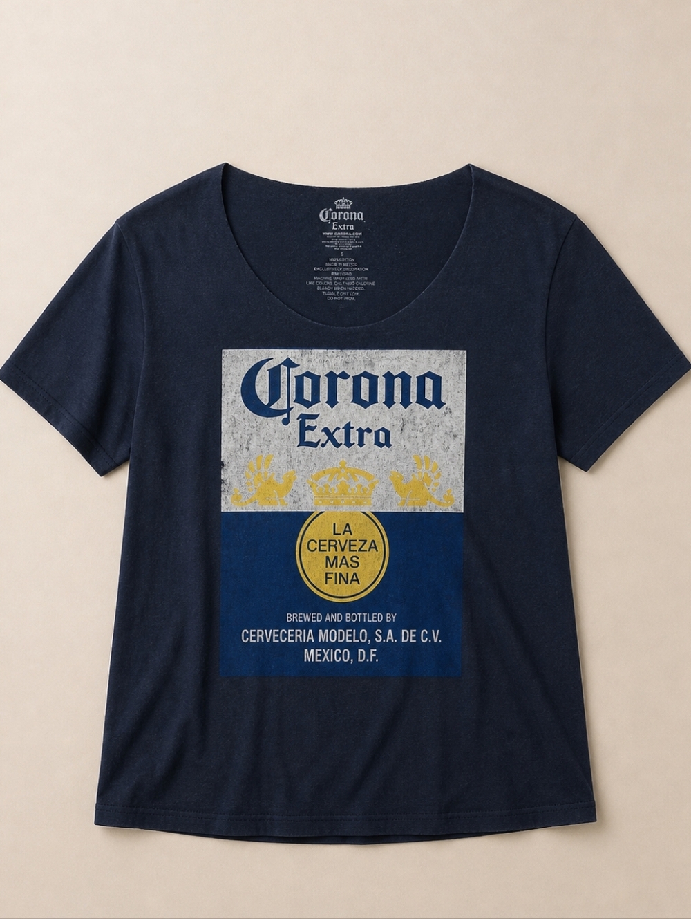 Corona Extra Graphic Tee Navy Blue Cutout Neck Oversized Womens Small Y2K Street